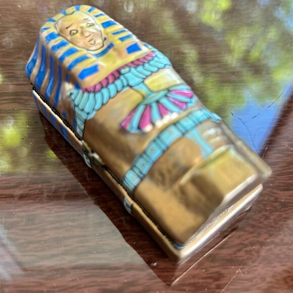 Egyptian Sarcophagus Trinket Box – Hand-Painted Hinged Porcelain Miniature - Picture 7 of 14